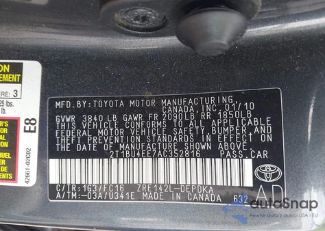 2010 Toyota Corolla Le z USA, uszkodzony, nr VIN 2T1BU4EE7AC352816